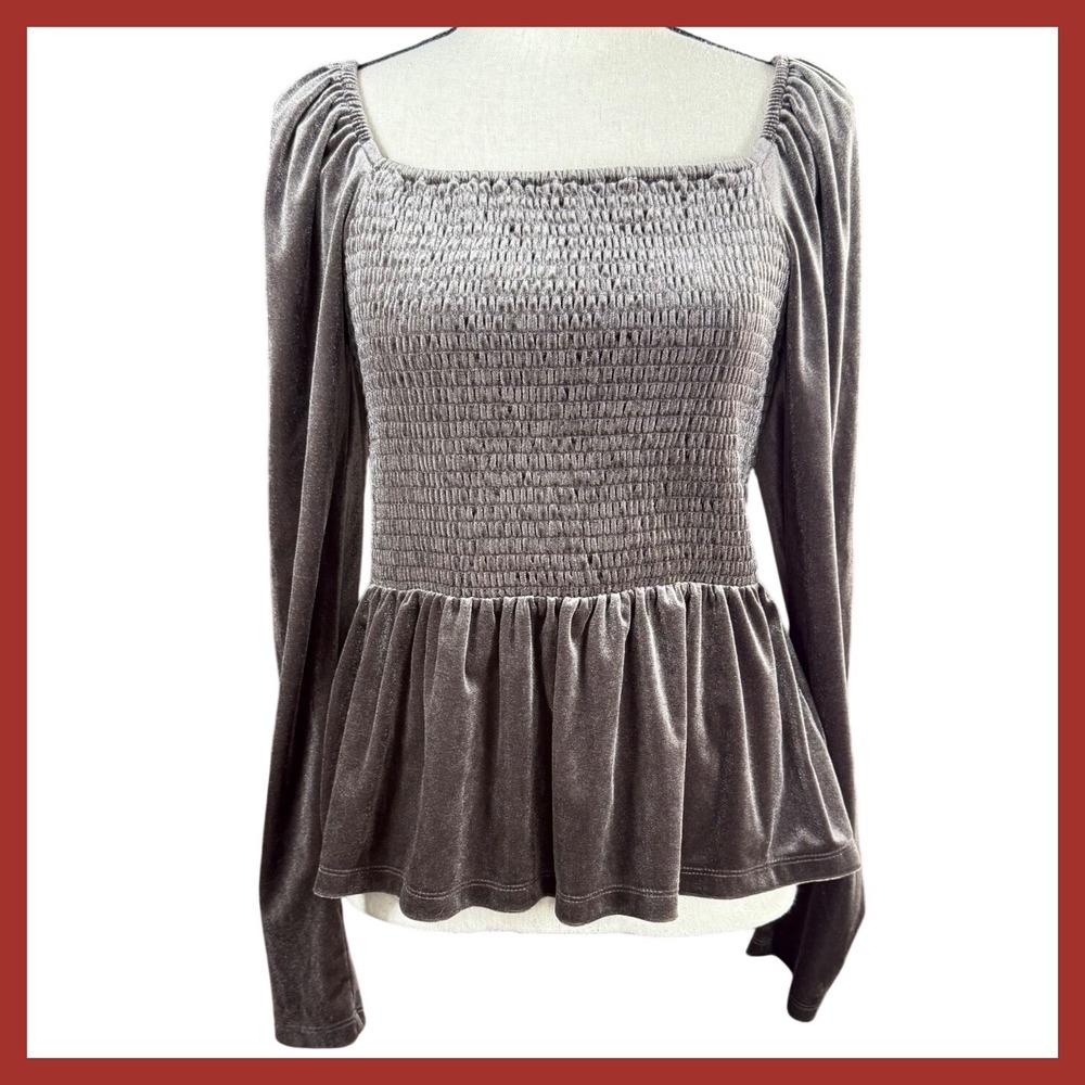 GAP Velvet‎ Smocked Peplum Top Square Neck Long Sleeve Brown Noir Size M